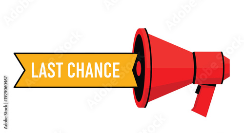 A red megaphone with a yellow ribbon displaying the text last chance