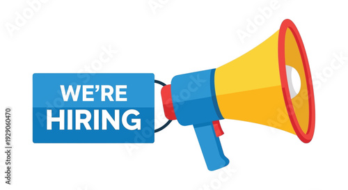 A colorful illustration of a megaphone displaying a we re hiring message