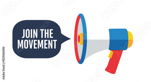A colorful illustration of a megaphone with a speech bubble reading join the movement