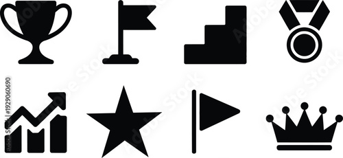 Black success icons set featuring trophy cup flag steps medal growth chart star pennant and royal crown for achievement and leadership