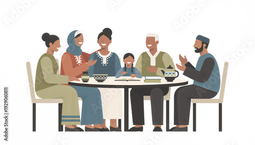 Multi-generational Muslim family gathering around a table. Flat design vector illustration of diverse people talking and learning. Islamic culture and community concept isolated on white