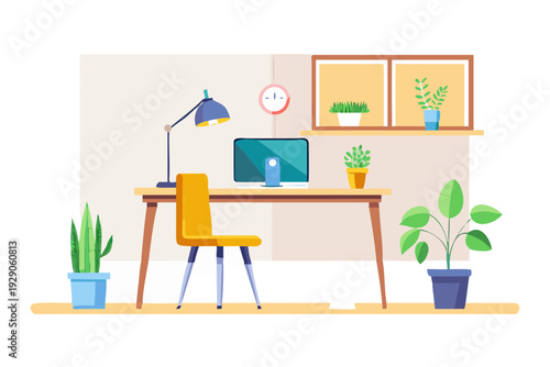 A bright modern home office with wooden desk, laptop, indoor plants, natural sunlight, minimalist decor, cozy and productive atmosphere, ultra realistic photography.