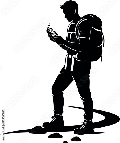 Silhouette of a person with a backpack and pickaxe standing on a hill