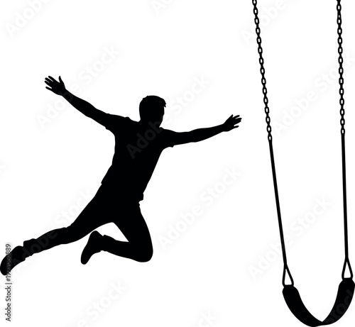 Silhouette of a man jumping near a giant fishing hook silhouette