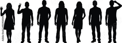 People silhouette set, standing men and women full body black vector illustration isolated on white backgroundPeople silhouette set, standing men 