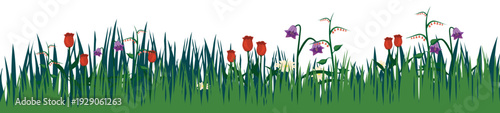 Seamless spring summer grass horizontal border with meadow plants silhouette
