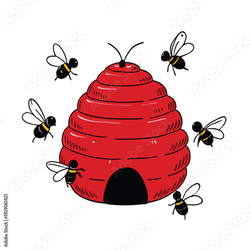 Red Wooden Beehive with Swarming Bees Vector Icon