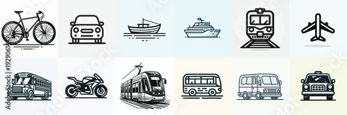 Line art icons of various types of public transportation. Vector, flat, illustration, minimalist, icon, icon set