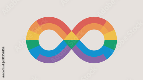 A colorful rainbow infinity symbol on a beige background representing diversity and inclusivity