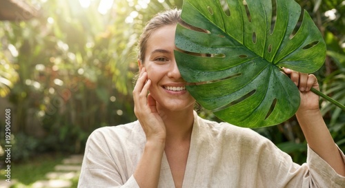 Smiling young woman holding large green monstera leaf with water droplets, covering half her face, looking happy and refreshed in a lush, sunlit garden