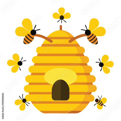 Golden Straw Beehive with Honey Bees and Flowers Illustration