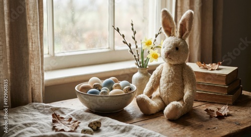 Cute fluffy beige bunny plush toy sits beside a ceramic bowl of natural colored and speckled eggs, pussy willow, and daffodils on a rustic wooden table by a window, creating a cozy spring scene