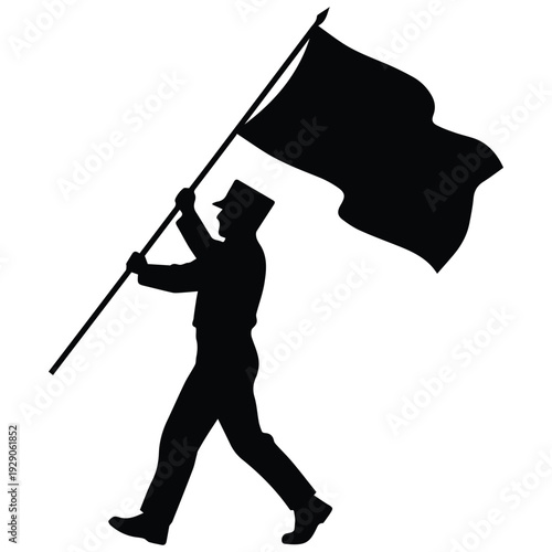 Man holding flag in dynamic motion with strong determined stride