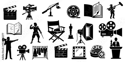 Large set of cinema and movie production black silhouettes of filmmaking equipment, director, actor, and awards isolated