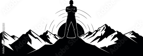 Silhouette of a statue on a mountain peak with silhouette