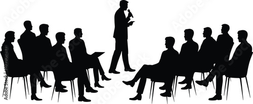 Business presentation silhouette, public speaking seminar, leadership training session, professional audience meeting, conference discussion, communication concept, isolated on white background