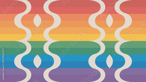 A vibrant rainbow flag with white decorative patterns symbolizing diversity and inclusivity