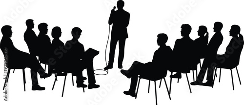Business presentation silhouette, public speaking seminar, leadership training session, professional audience meeting, conference discussion, communication concept, isolated on white background