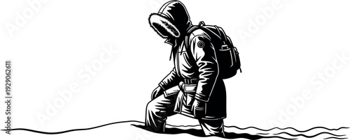 Silhouette of a person kneeling on one knee with a backpack on