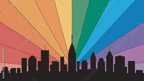 A vibrant city skyline silhouette with a stunning rainbow-colored background at sunset