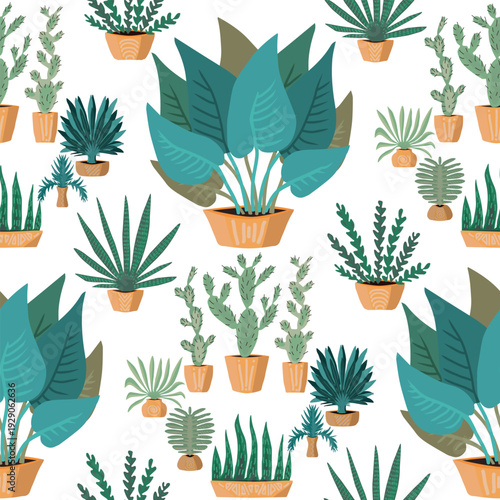 Potted plants pattern. Beautiful green plants for the home.