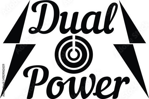 A striking logo featuring the words dual power with a target symbol in the center