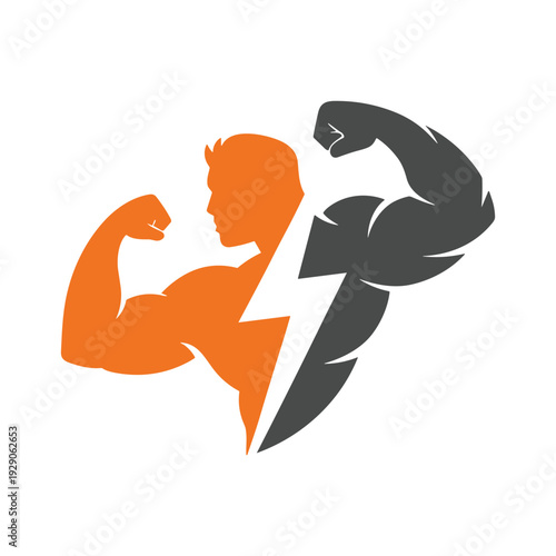 Split illustration of two flexing muscular men with lightning bolt
