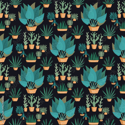 Seamless vector pattern with trendy potted houseplants, cacti and succulents on dark background. Modern flat botanical design for wallpaper, textile, wrapping and home decor.