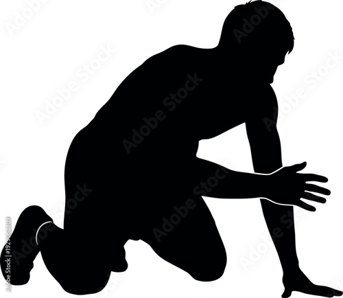 Silhouette of a person kneeling on one knee in a contemplative or prayerful pose