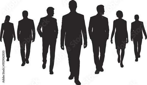 Business team silhouettes walking forward leadership teamwork corporate success strategy professional people group collaboration diversity concept business office management vision