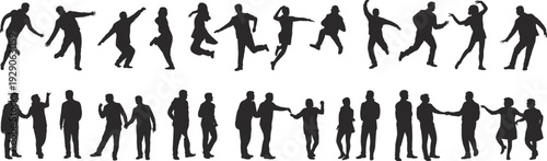 People silhouettes collection, walking standing jumping poses, business men women, crowd movement actions, black human figures isolated