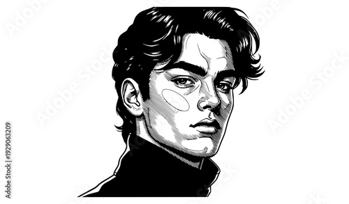 Detailed Black and White Vector Headshot of Young Man with Wavy Hair and Sharp Features