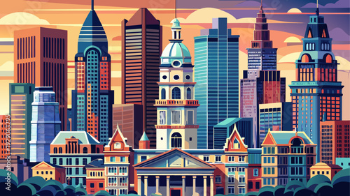 Very beautiful close urban view of Downtown Philadelphia highlighting the grand City Hall tower, intricate masonry details, and surrounding skyscrapers forming a striking architectural contrast in Pen