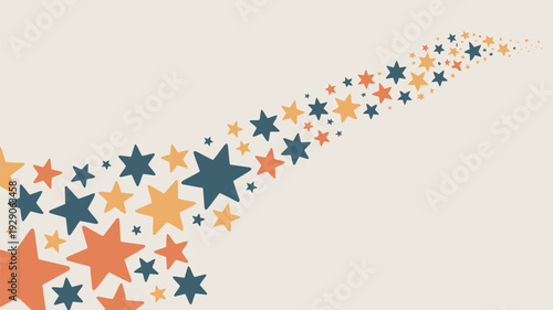 A colorful illustration of stars in various sizes and shades of orange, yellow, and blue, scattered across a beige background.