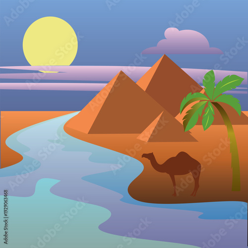 Nile river, Egyptian pyramids, camel, palm. Vector illustration