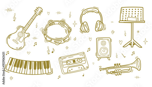 Hand Drawn Doodle Music Instruments Set with Guitar, Keyboard, Trumpet, Tambourine, Headphones and Audio Elements on White Background Vector Illustration