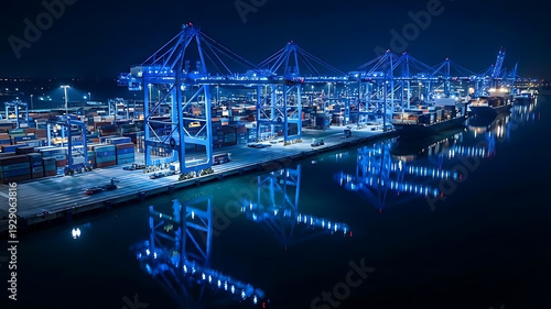 Night cargo port with illuminated container crane and reflections, serene industrial blue atmosphere