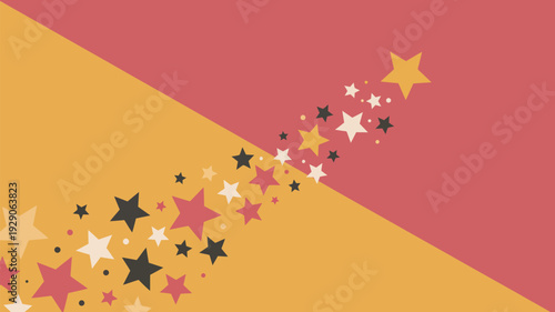 A vibrant graphic design featuring a diagonal split background with colorful stars