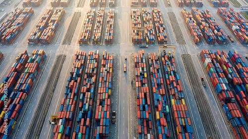 Aerial container yard with colorful shipping container rows and cranes, industrial logistics scene conveying busy transport
