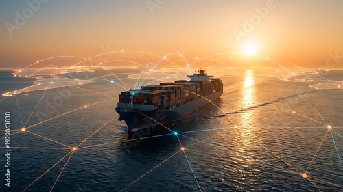 Container ship at sunset with glowing network connections implying global cargo logistics and dynamic trade routes