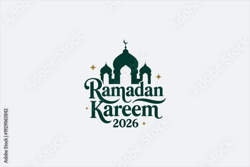 Ramadan Kareem 2026 greeting card with mosque silhouette and elegant typography, flat minimal Islamic vector illustration on light background. Vector illustration.