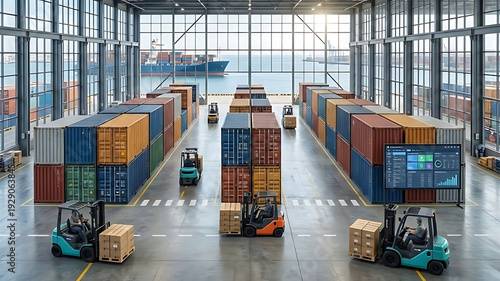 Large warehouse loading area with forklifts moving pallets among stacked shipping container rows, efficient logistic operation