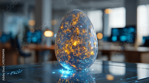 Glassmorphism 3D Easter egg filled with holographic circuit data glowing in futuristic office for digital rebirth spring holiday