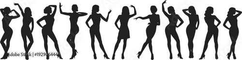 Female fashion silhouettes collection, elegant women posing in stylish attitudes, modern glamour outlines, confident body shapes on white background art