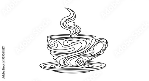 Steaming cup of coffee on saucer with elegant swirl design