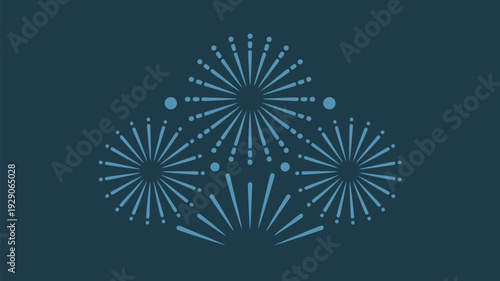 A stylized illustration of blue fireworks exploding on a dark background