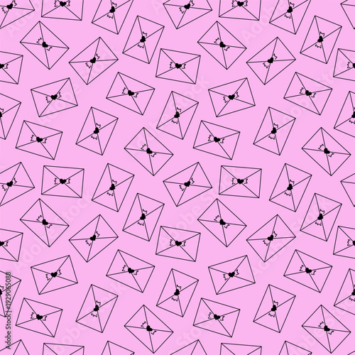 Envelopes with heart seals arranged diagonally. Seamless vector pattern in minimal line doodle style, perfect for textiles, wrapping paper, stationery, print design, wallpapers, postcards