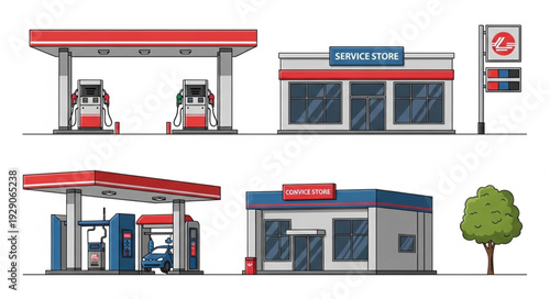 Gas station and convenience store illustrations, showcasing fuel pumps and retail buildings.
