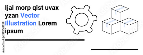 Manufacturing, logistics, supply chain, process management, organization, business strategy. Gear shape and stacked boxes with placeholder text. Manufacturing and logistics concept