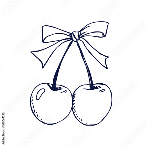 A delicate hand drawn illustration of two cherries with a bow presented in a minimalist style